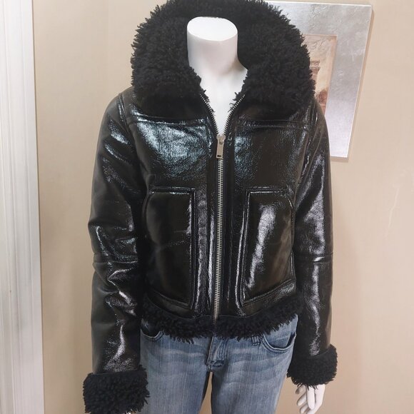 Topshop Black Faux Patent Leather Aviator Jacket - Picture 1 of 13